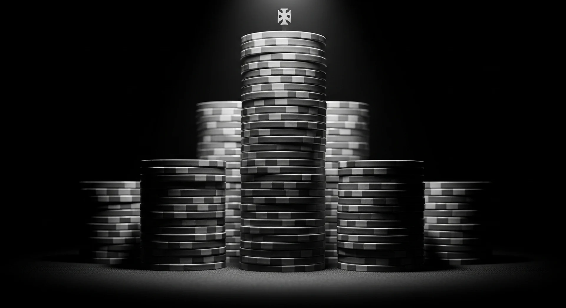 어두운 배경 중앙에 왕관처럼 우뚝 솟은 포커칩 타워, 최고 수준의 플레이를 상징하는 흑백 이미지