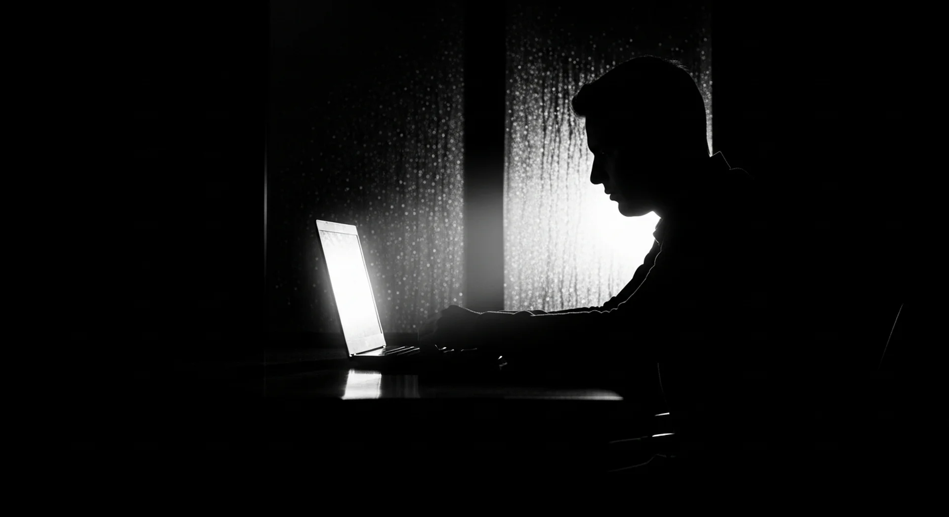 어두운 방에서 모니터 빛만 받으며 홀로 포커를 치는 플레이어의 뒷모습, 고독과 좌절을 표현한 흑백 이미지