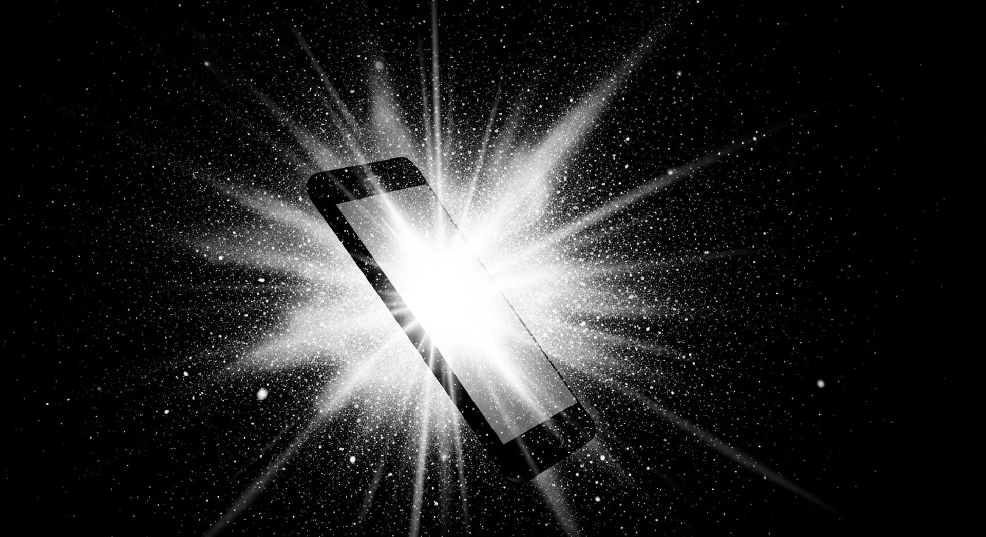 K포커 앱이 실행된 스마트폰에서 빛이 폭발하듯 퍼져 나오는 장면, 새로운 시작을 상징하는 이미지