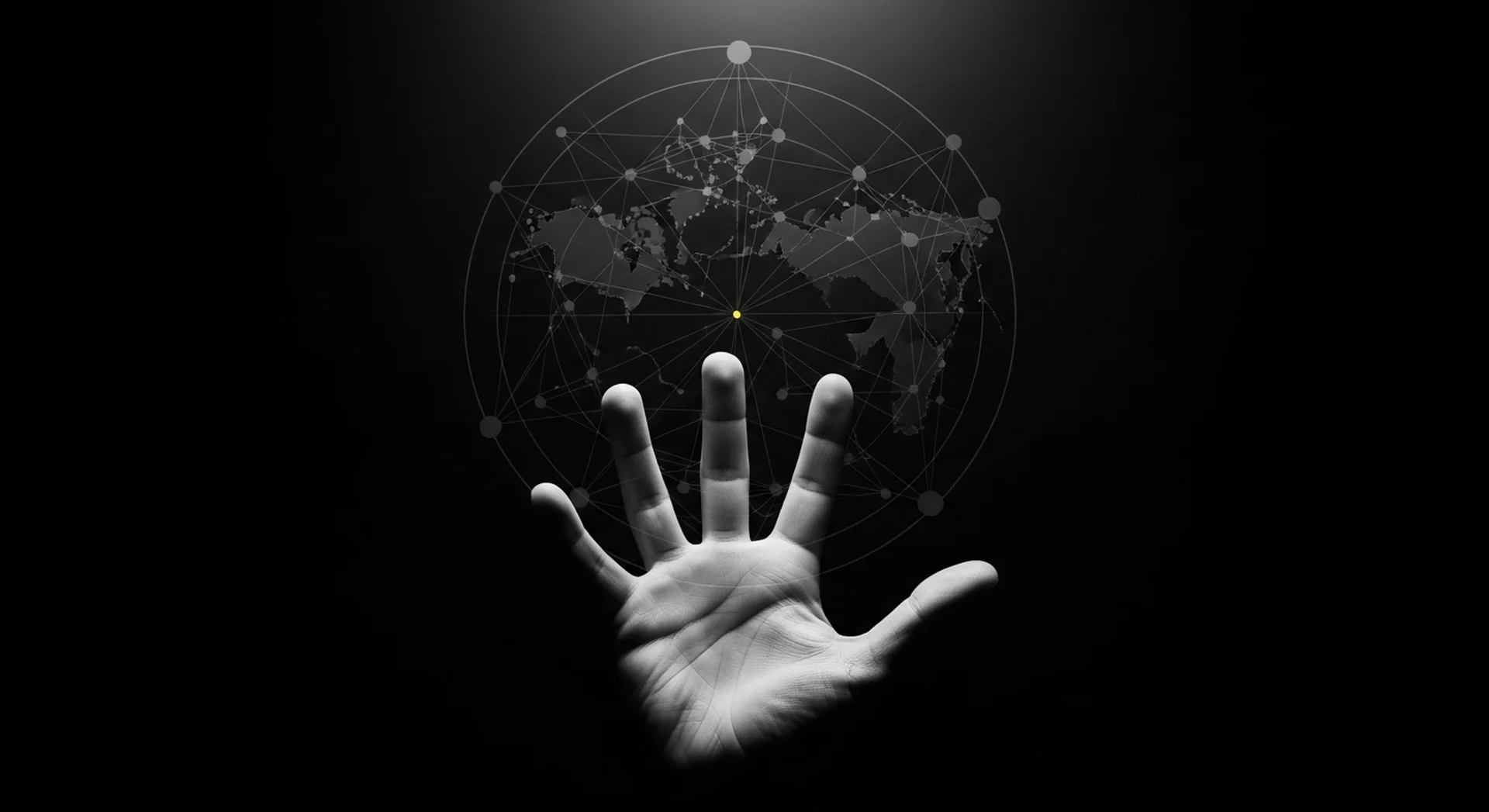 글로벌 포커 네트워크를 향해 뻗는 손, 디지털 연결 노드가 빛나는 흑백 이미지