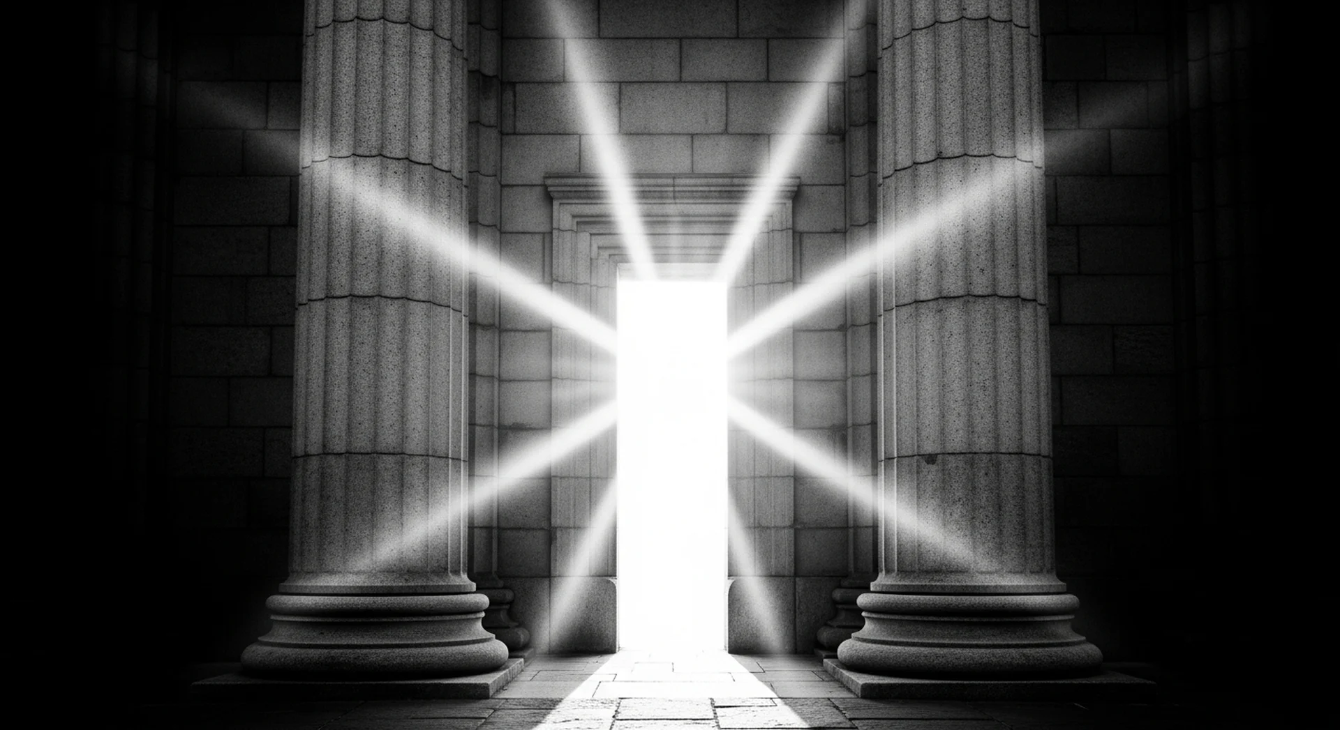 고대 돌문 사이로 쏟아지는 강렬한 빛, 새로운 포커 세계로의 입장을 상징하는 흑백 사진