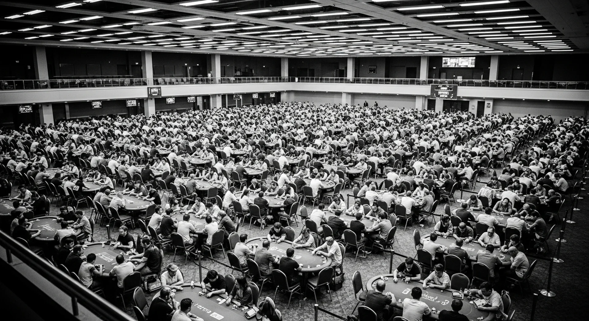 수백 개의 테이블이 배치된 대형 포커 토너먼트 홀의 다큐멘터리 스타일 흑백 전경 사진